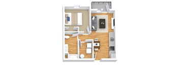 A top-down view of a modern apartment layout with a living room, kitchen, and bathroom.