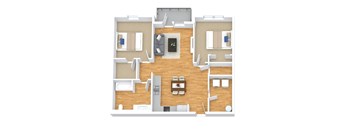 A top-down view of a living room with a couch, coffee table, and television.