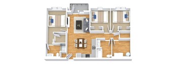 A top-down view of a house layout with two bedrooms, a living room, a kitchen, and a bathroom.