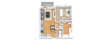 A top down view of a living room, kitchen, and dining area.
