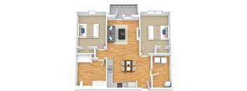 A top-down view of a two-bedroom apartment with a living room, kitchen, and bathroom.