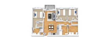 A floor plan of a house with two bedrooms, a living room, a kitchen, and a bathroom.