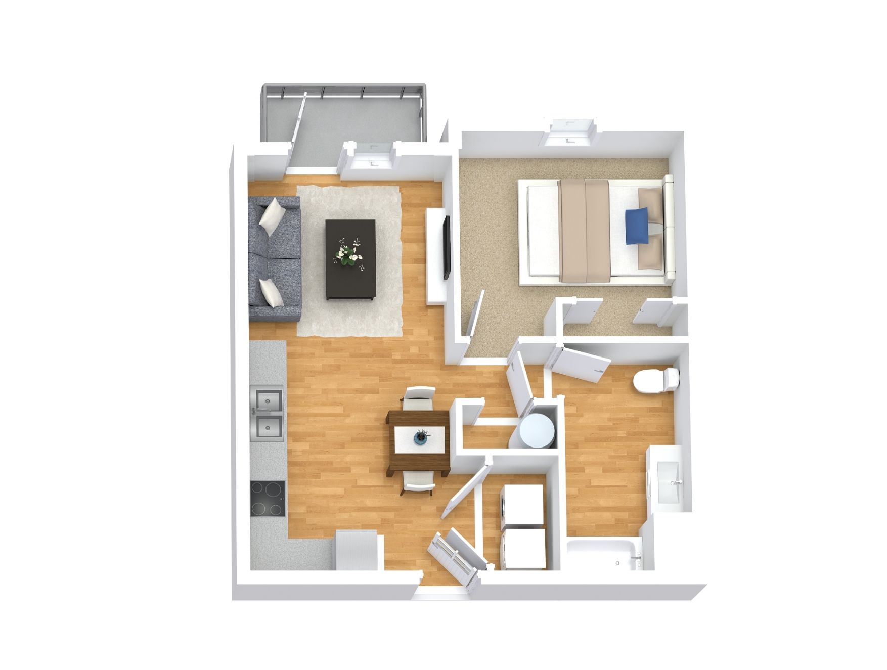 A 3D floor plan of a small apartment with a kitchen, living room, and bedroom.