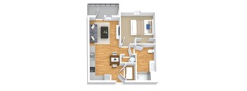 A top-down view of a modern apartment layout with a living room, kitchen, and dining area.