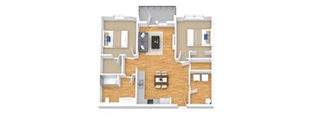 A top-down view of a house interior with a kitchen, living room, and dining area.