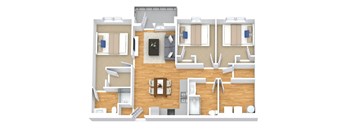 A floor plan of a house with a living room, kitchen, and two bedrooms.