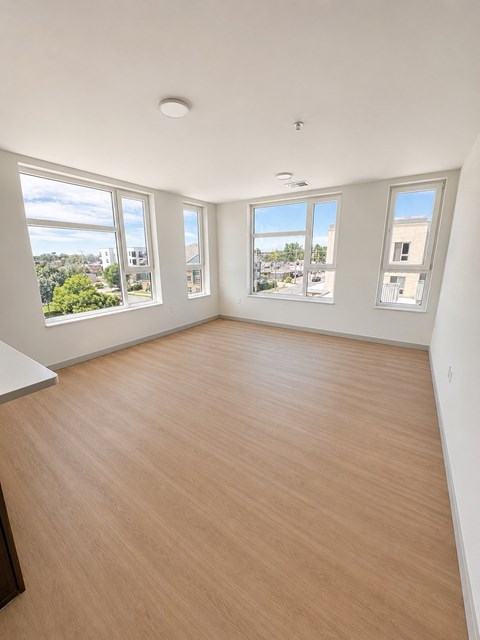 A room with wooden flooring and three windows.