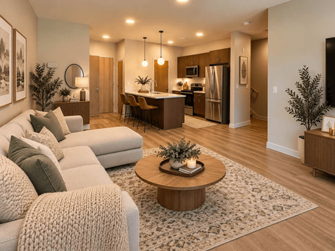A modern living room with a sofa and a coffee table.