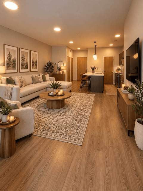A modern living room with a white sofa, wooden coffee table, and a TV on the wall.