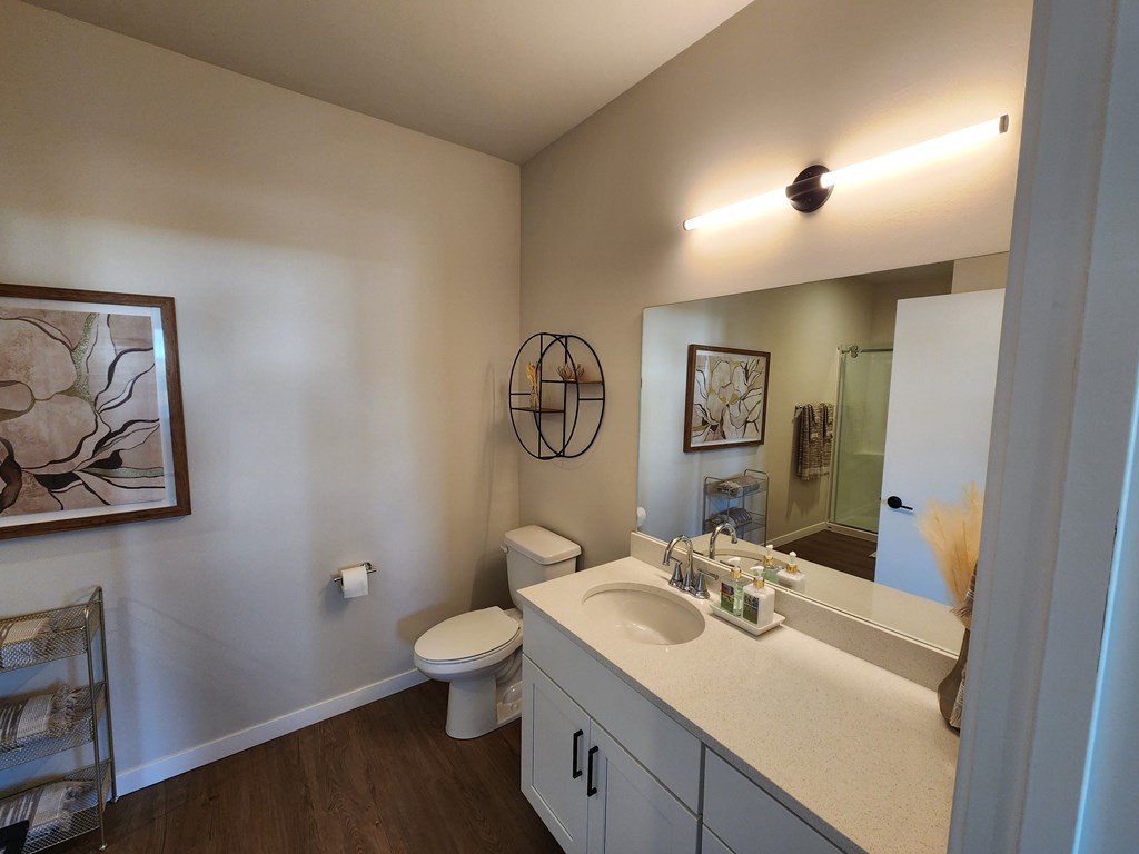 a bathroom with a sink and a toilet and a mirror a bathroom with a sink and a toilet and a mirror at The Daniels at Northern Gateway Apartments, WI