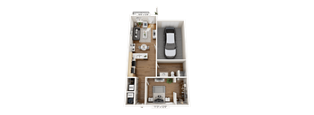 A 113 x 120 floor plan of a house with a car parked in the garage.