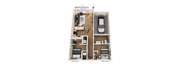 A 174x120 floor plan of an apartment with a car parked in the garage.