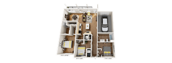 A 3D floor plan of a house with dimensions and furniture layout.