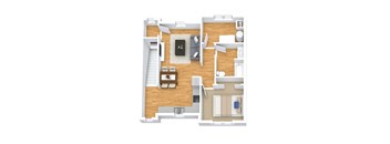 A 3D floor plan of a house showing a living room, kitchen, and bedrooms.