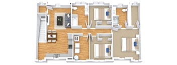 A floor plan of a house with a living room, dining room, kitchen, and two bedrooms.
