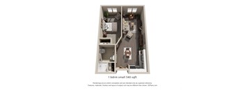 a stylized floor plan of a 1br small 540 sqft