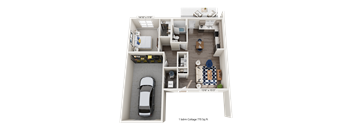 A 3D floor plan of a small apartment with a car parked in the garage.