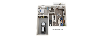 A 3D floor plan of a small apartment with a car garage.