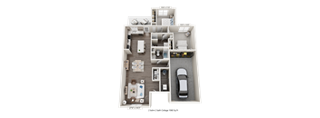 A 3D floor plan of a house with a car parked in the garage.