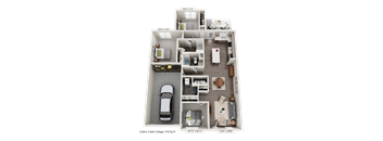 A 3D floor plan of an apartment with dimensions and a car parked in the garage.