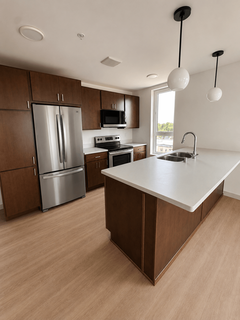 A kitchen with a white counter top and wooden cabinets.