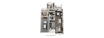 A detailed 3D floor plan of a two-bedroom, 1.75 bathroom apartment sized at 1050 square feet.
