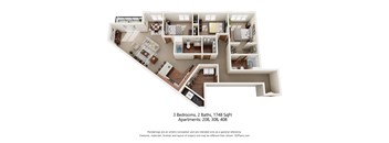 3-bedroom, 2 bathroom apartment with balcony.