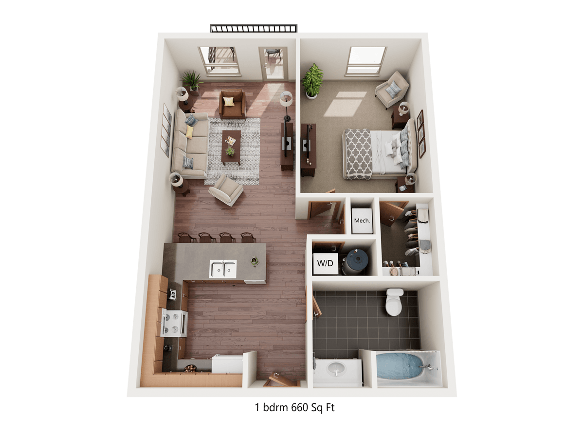 A 1 bedroom 660 square foot apartment with a living room, kitchen, and bathroom.
