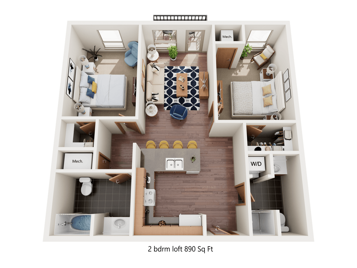 A 2 bedroom apartment is 890 square feet.