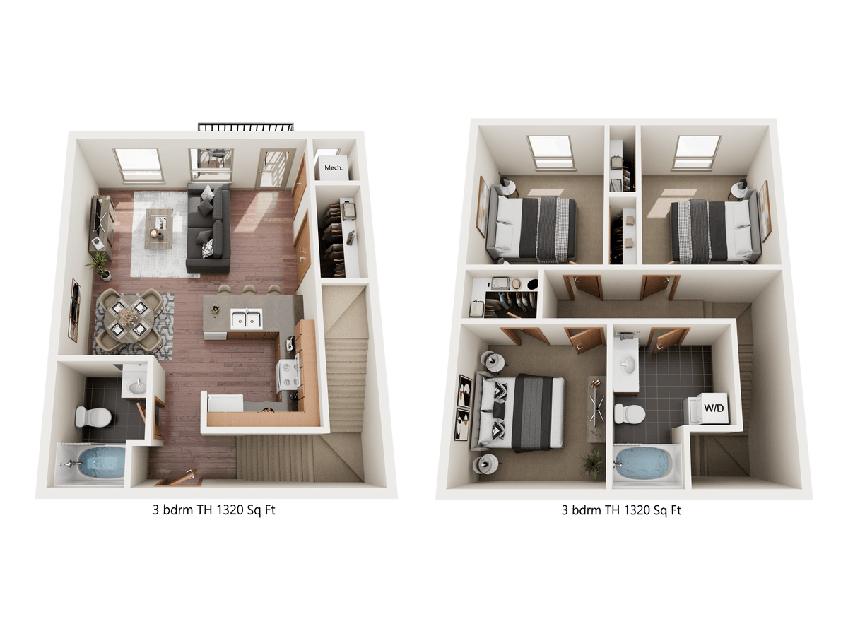 Two floor plans of a 3 bedroom, 1320 square foot home.