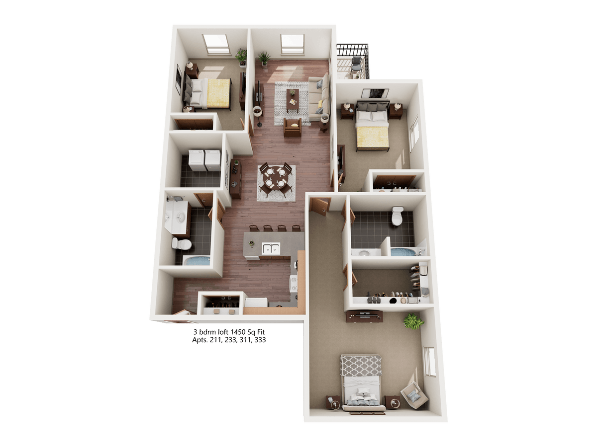 A floor plan of an apartment with a living room, kitchen, and two bedrooms.