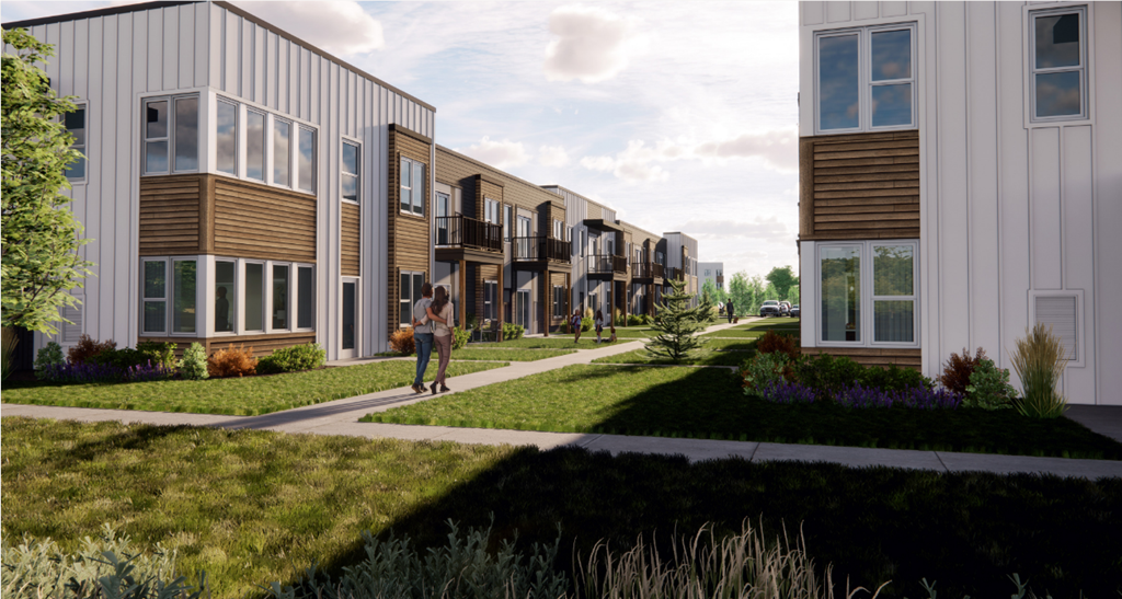 a rendering of a residential neighborhood with people walking on a sidewalk at The Daniels at Northern Gateway Apartments, Saukville