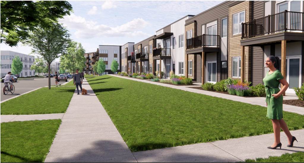 a rendering of a city street with buildings and people at The Daniels at Northern Gateway Apartments, Saukville, WI
