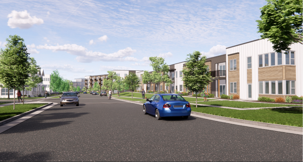 a rendering of a street with cars driving in front of buildings at The Daniels at Northern Gateway Apartments, Saukville, 53080