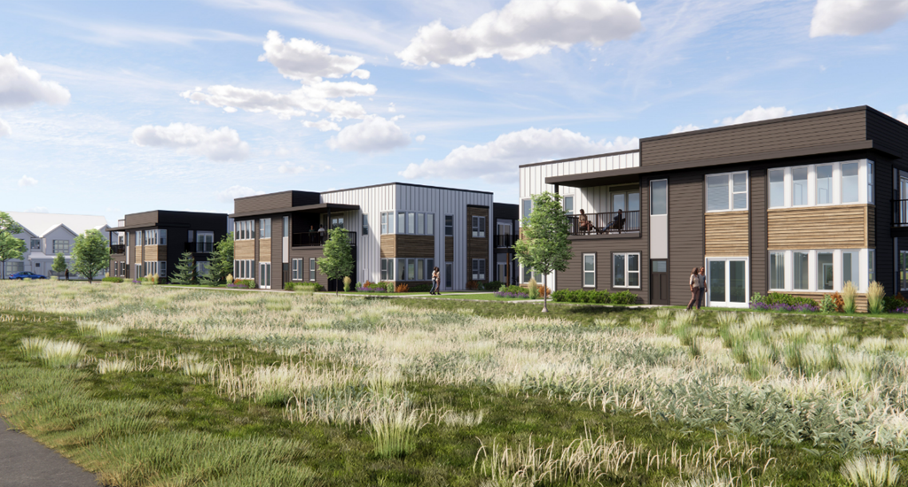 a rendering of a group of houses in a field at The Daniels at Northern Gateway Apartments, Saukville Wisconsin