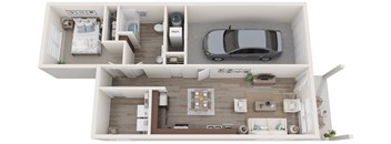 a 3d rendering of a bedroom with a car