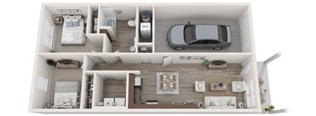 a 3d rendering of a floor plan with a car