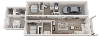 a 3d rendering of a floor plan with a car and a bedroom