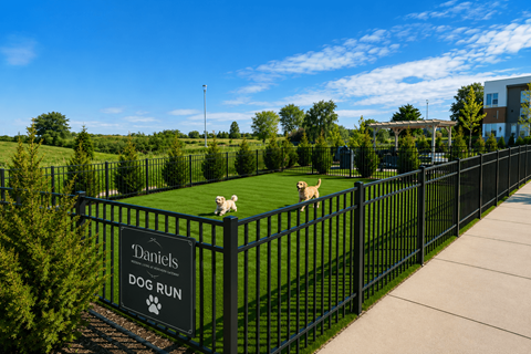 Two dogs are running in a fenced area at Daniel's Dog Run.