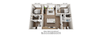 A 3D floor plan of a two-bedroom apartment with dimensions and address information.