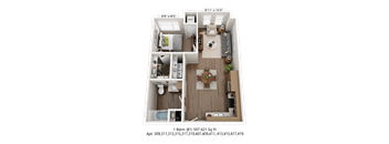 A 1 Bedroom (B1) apartment is 697-621 Sq Ft and has an area of 309,311,313,315,317,