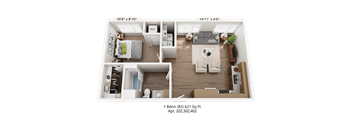 A floor plan of a one bedroom apartment with a living room, kitchen, and bathroom.