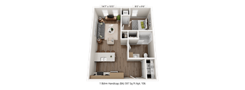 A 1 bedroom handicap accessible apartment with a total area of 597 square feet.