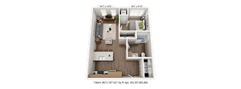 A 1 Bedroom (BU1) apartment is 597-621 Square Feet in size.