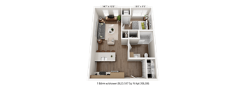 A 1 Bedroom with shower apartment is 206.306 square feet.