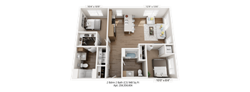 A 2 Bedroom 2 Bathroom apartment is 948 square feet and is apt. 204.