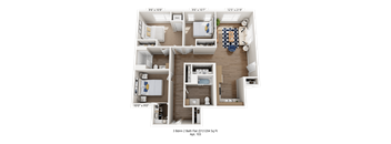 A 3 Bedroom 2 Bathroom apartment is 103 sq ft.