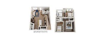 Two floor plan images of a 3 bedroom 2 bath townhome.