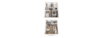 A floor plan of a two-bedroom apartment with a living room, kitchen, and bathroom.