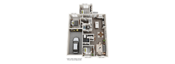 A detailed 3D floor plan of a two-bedroom, two-bathroom apartment.